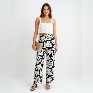 House of Harlow 1960 Black & Ivory Linen Wide-Leg Printed Pant Set